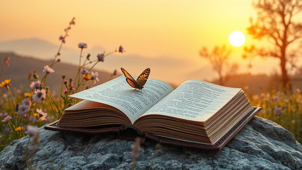 Open Book Among Wildflowers at Sunrise