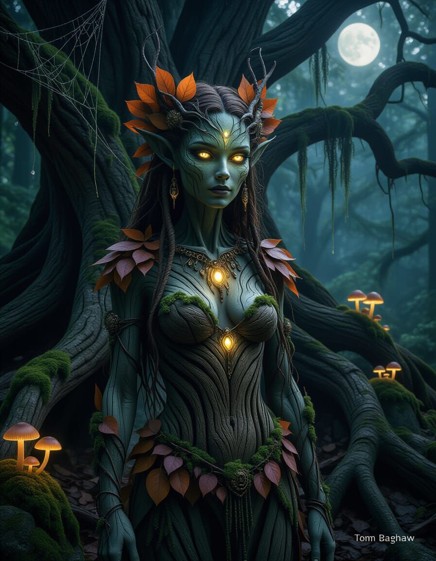 Dark Fantasy Dryad in Moonlit Forest