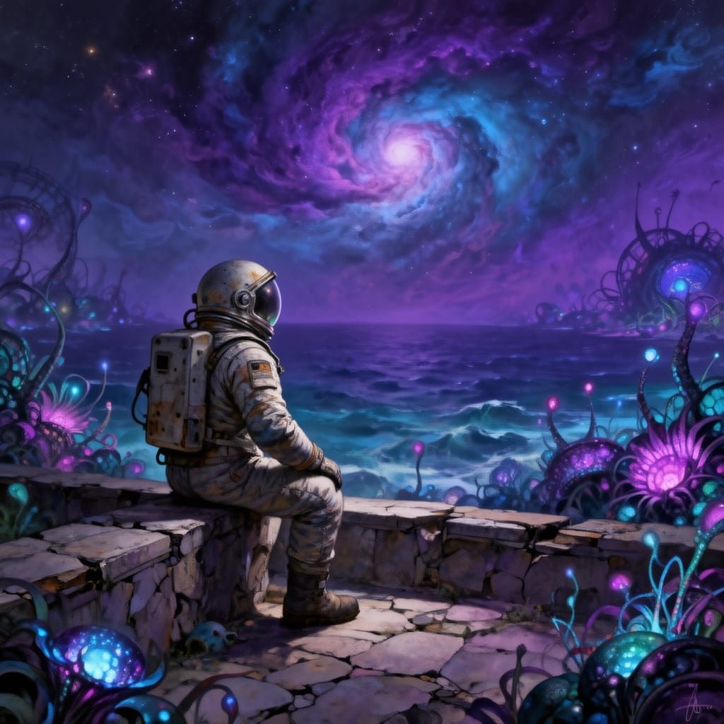 Astronaut Gazes at Alien Ocean in Nebula Sky