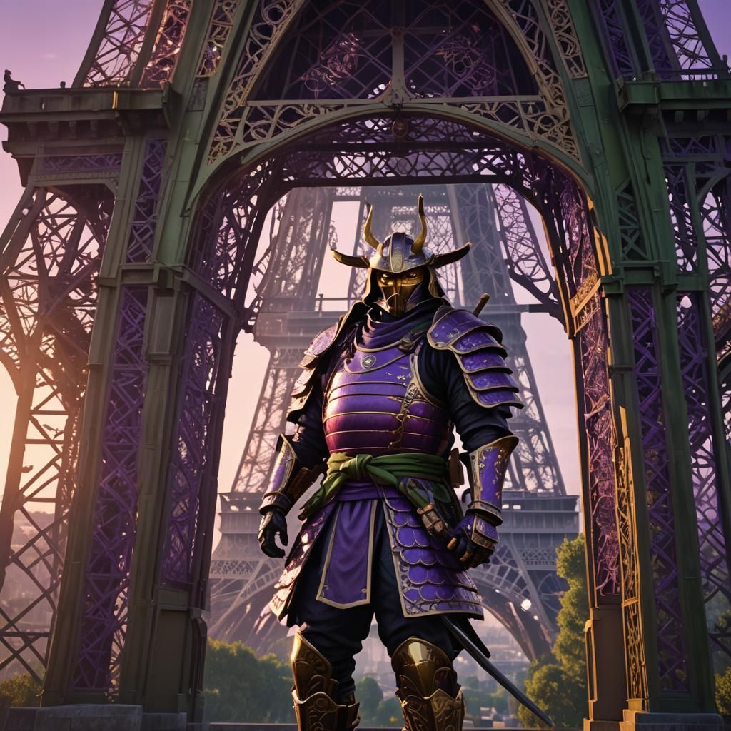 Samurai in Purple Armor on Eiffel Tower