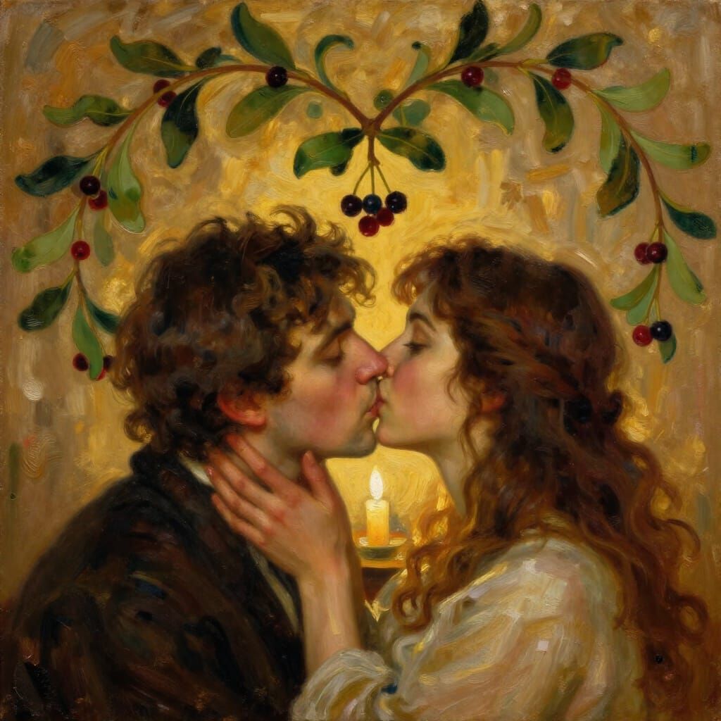 Romantic Couple Kissing Under Mistletoe in Golden Hour