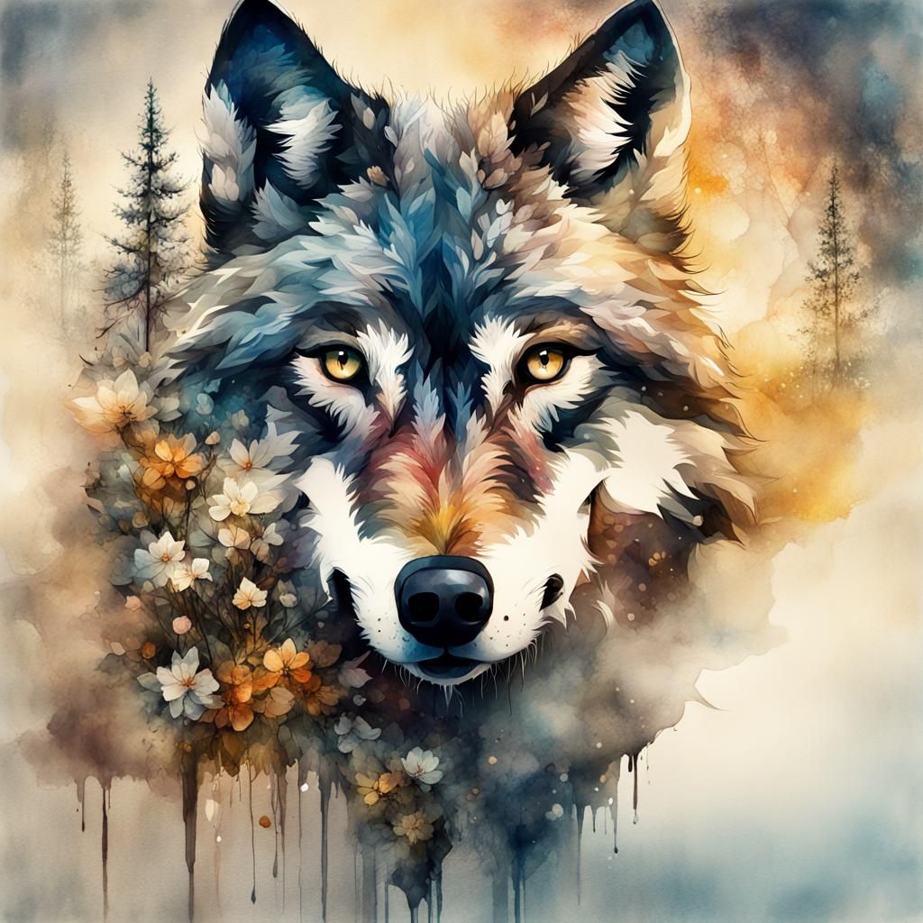 Watercolor Wolf Under Winter Night Sky