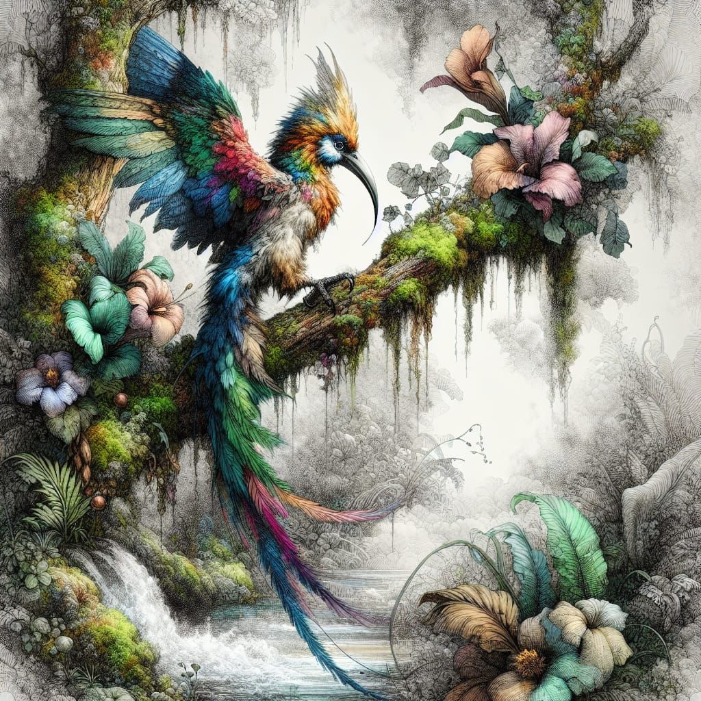 Whimsical, Impressionist-Inspired Bird perched on a Jungle T...