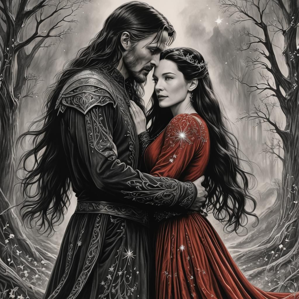 Arwen and Aragorn in Elven City: Charcoal Drawing