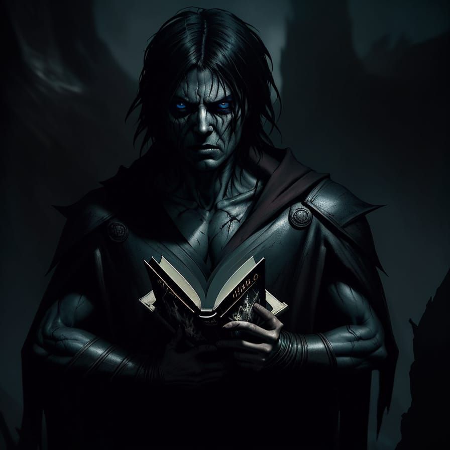 Person Holds Stomach Book in Dark Horror Style