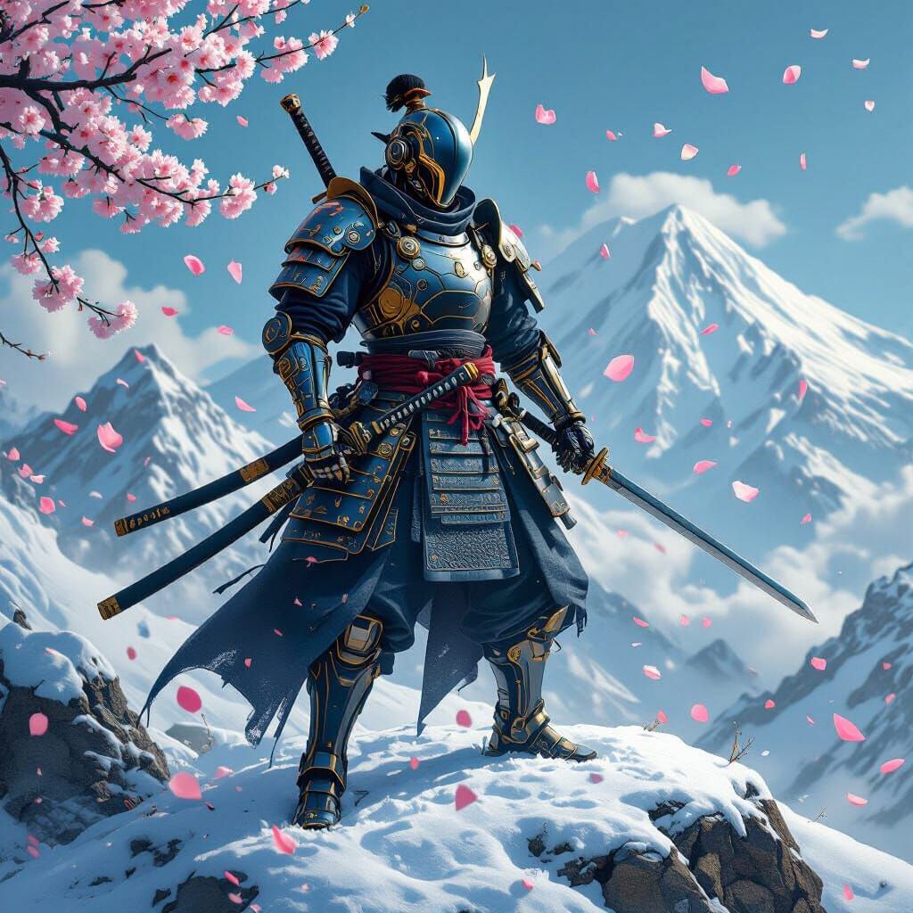 Cyborg Samurai on Snowy Mountain, Steampunk Aesthetic