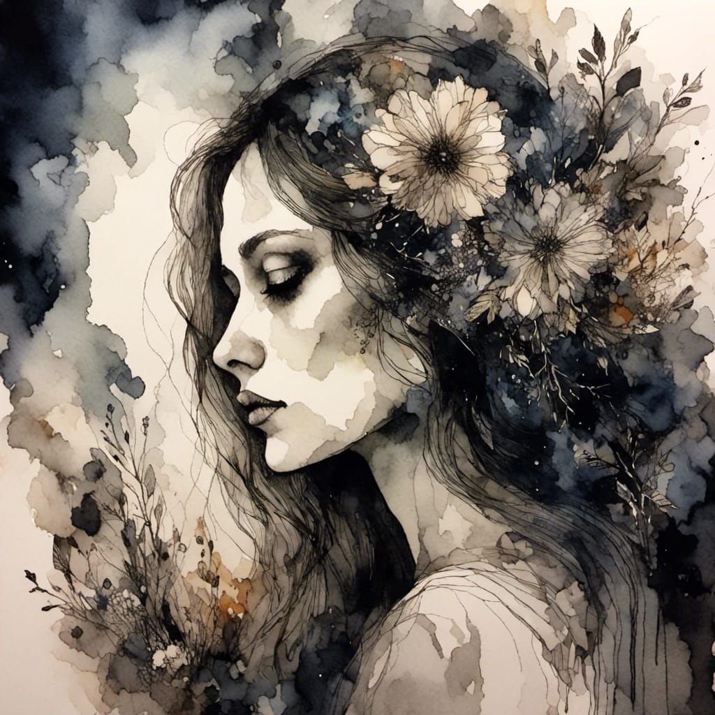 Woman's Self-Reflection Portrait in Digital Ink Style