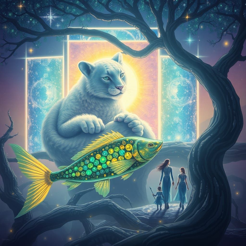 Celestial Star Grazer and Sky Panther in Dreamlike Scene