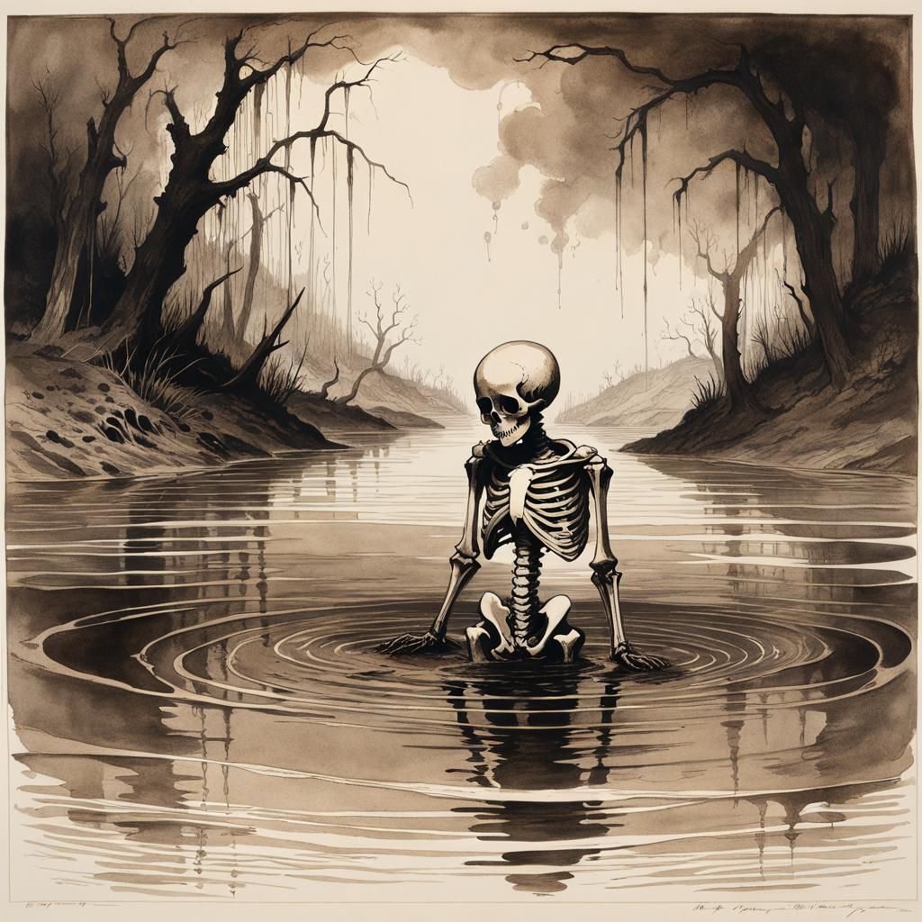 Decaying Child Skeleton in Sepia Ink Art
