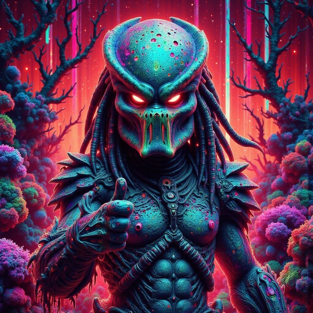 Neon Glitch Predator Thumbs Up in Film Negative Style