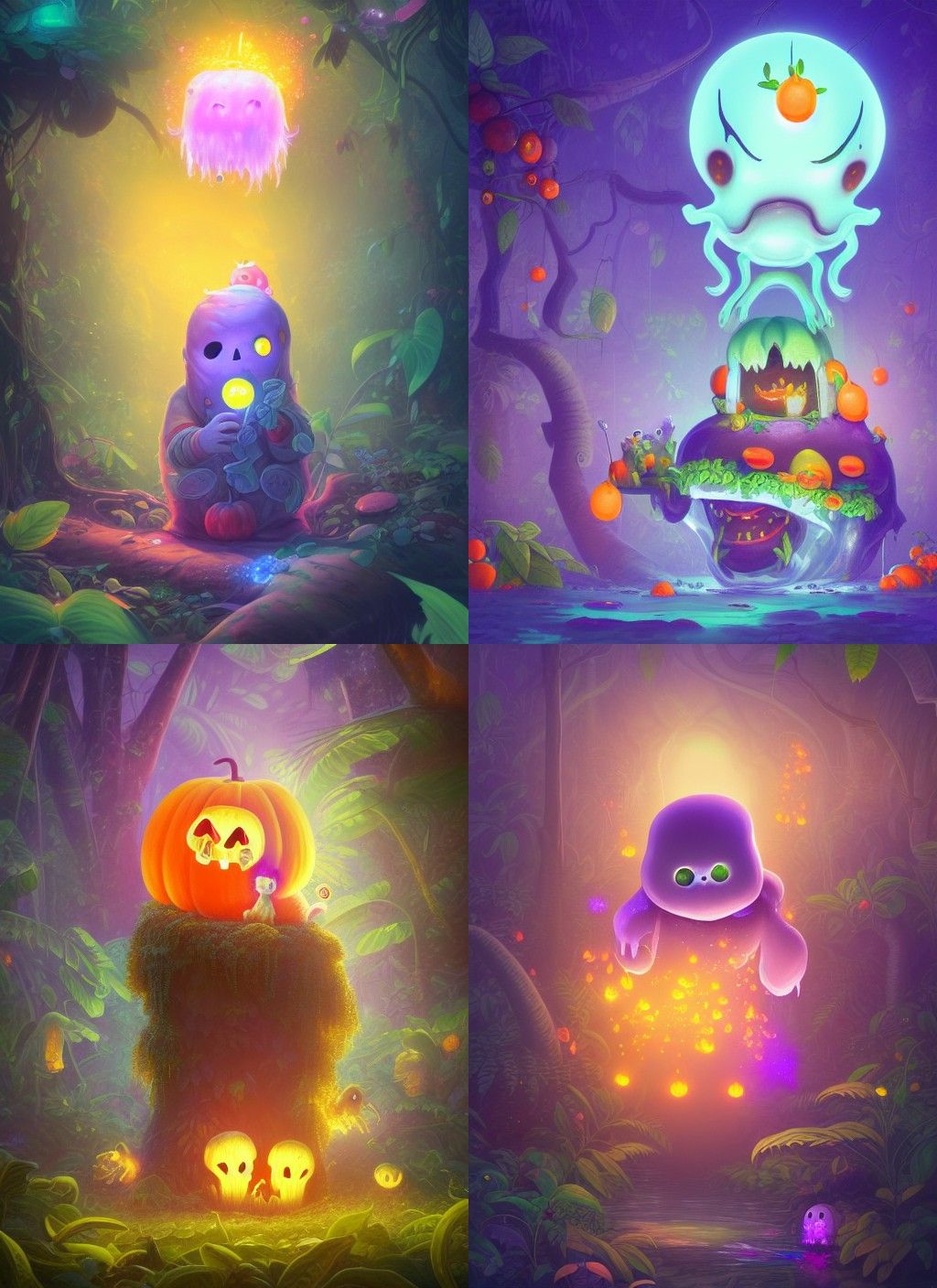 Adorable Ghost in Jungle with Glowing Fruit
