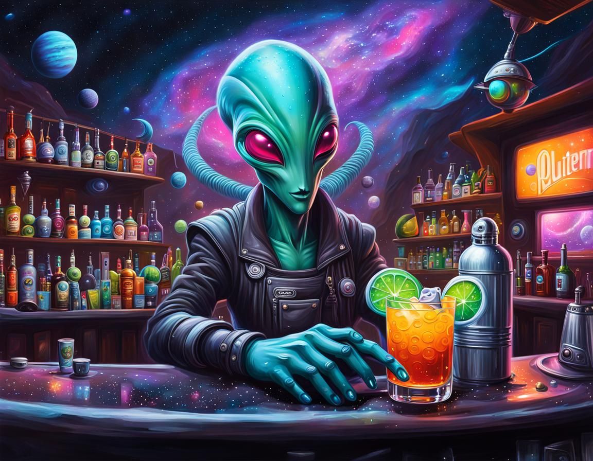 Alien Bartender in Space Bar: Graffiti Art Style