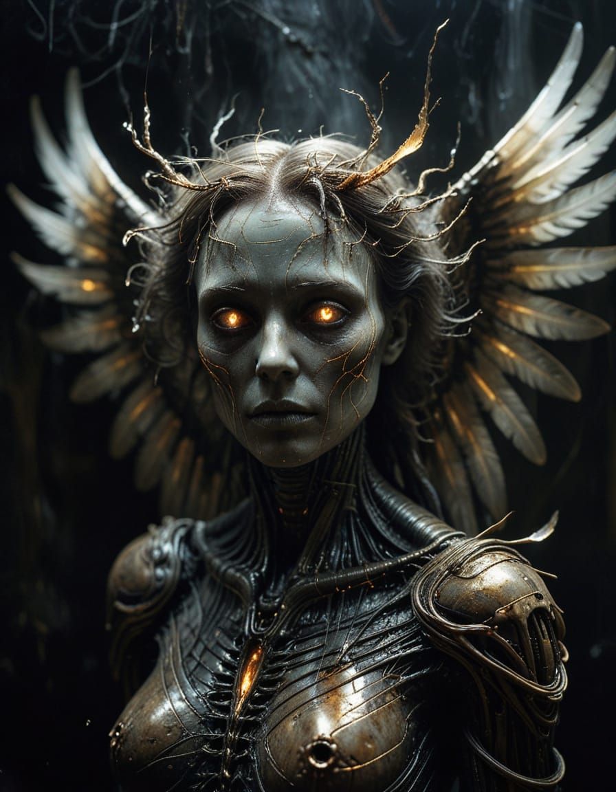 A terrifying angelic figure with grotesque