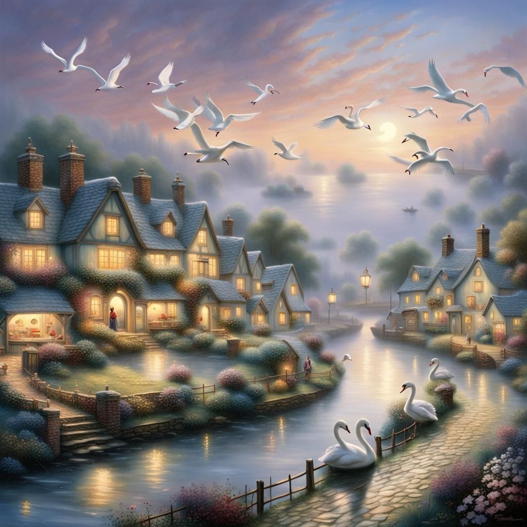 a fantasy model village with a river running through it, swans in the rivers loads of moons in the sky twilight ethereal...