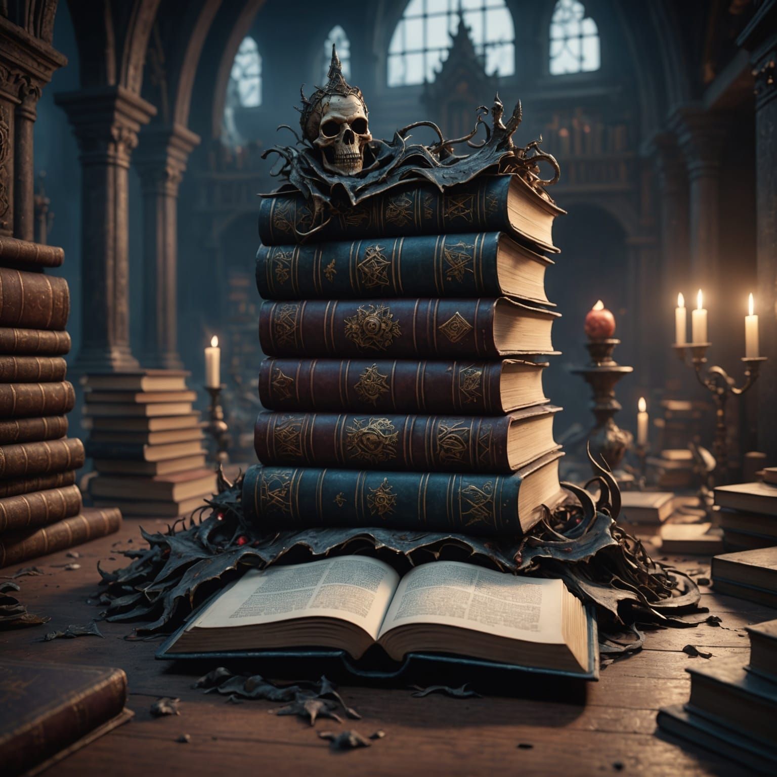 Creepy Cursed Book on Stack, Detailed Digital Art