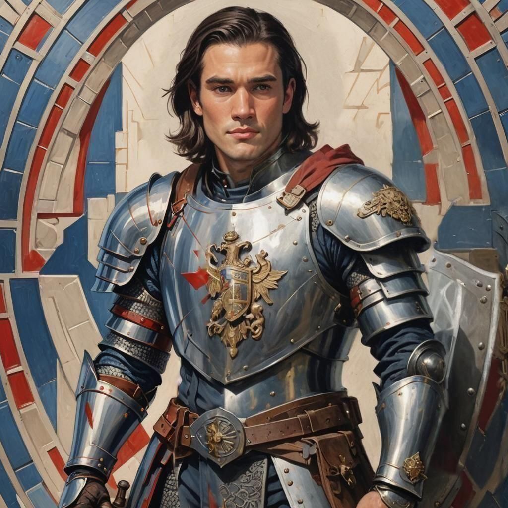 Art Deco Knight Portrait with Striped Shield