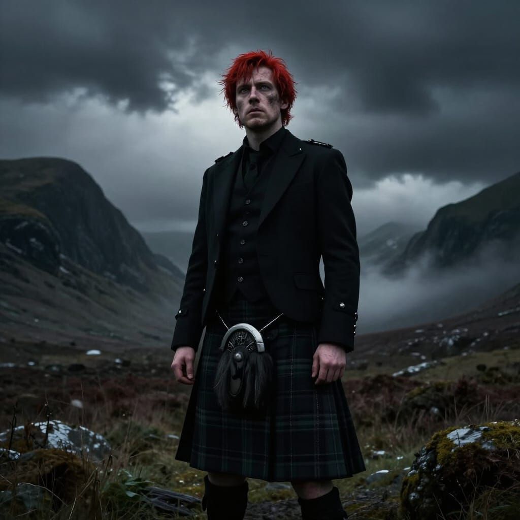 Red Haired Irishman in Black Kilt Against Moody Landscape