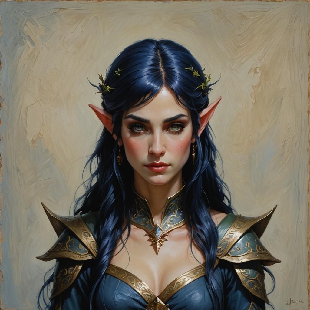 Elven Warrior Woman with Blue Hair as Oil Painting