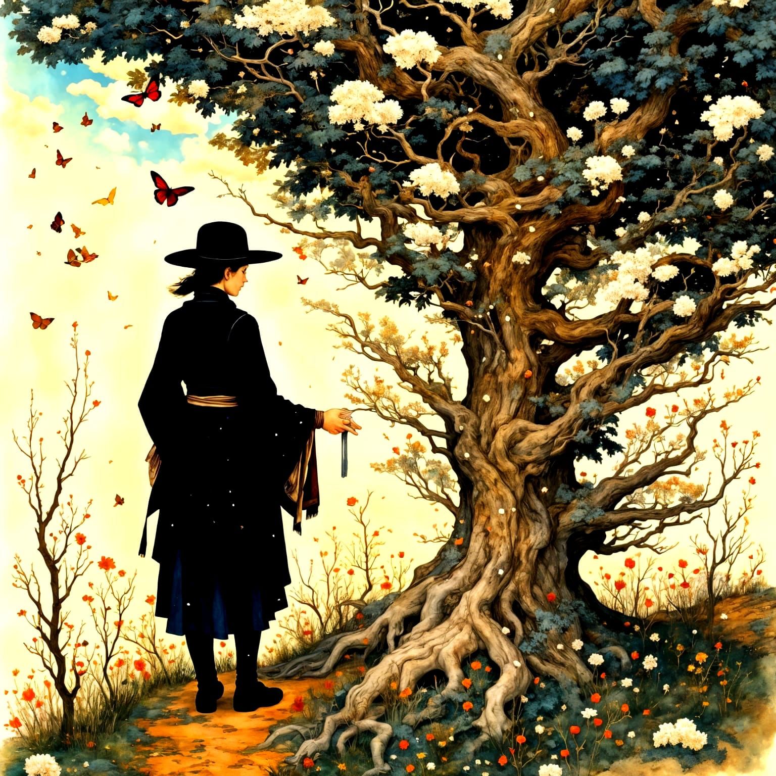 <lora:Melancholia:1.0> by arthur rackham, edmund dulac, pino...