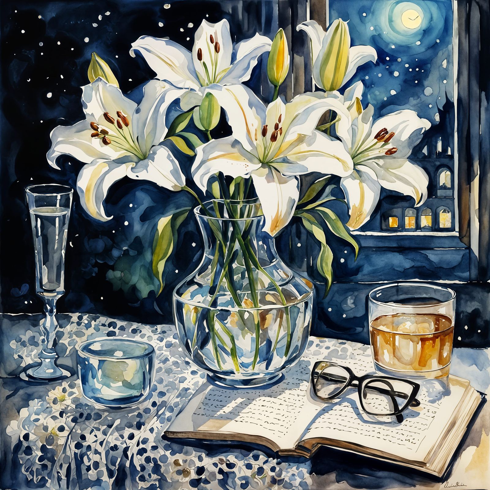 Serene Night Still Life with Lilies, Watercolor Art