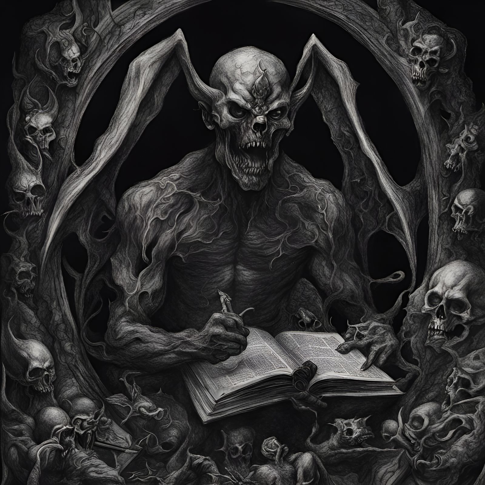 Hyperdetailed Charcoal Drawing of a Demon Book