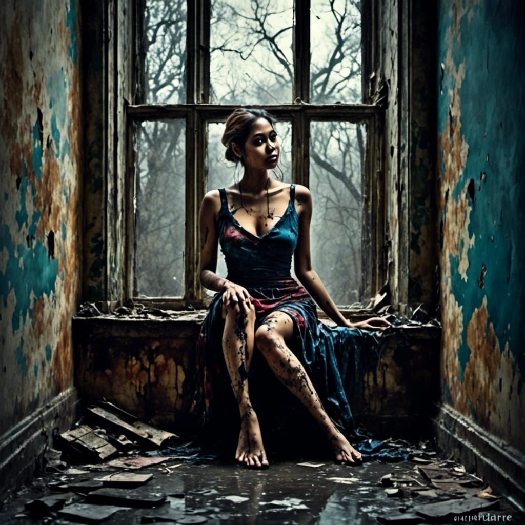 Grunge Tattooed Woman in Antique Watercolor Style