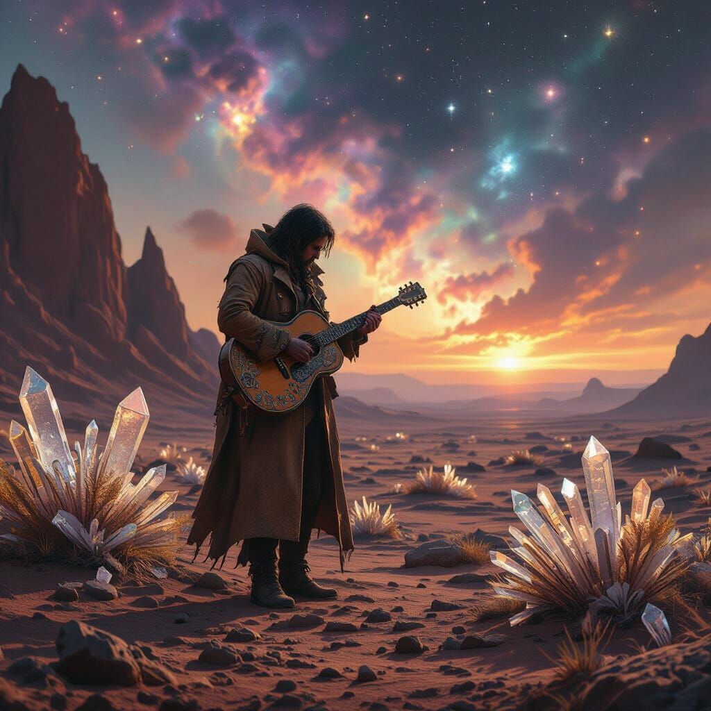 Alien Guitarist in a Sci-Fi Landscape