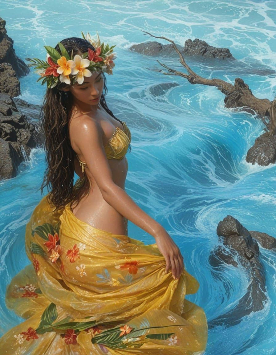 Ethereal Hula Dancer in Water, Fantasy Concept Art