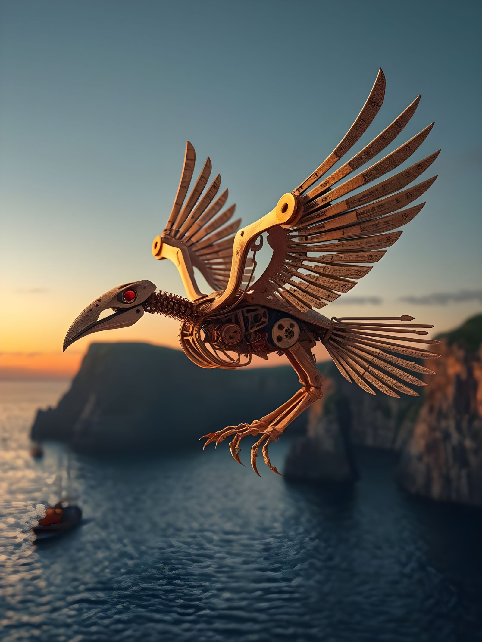 Steampunk Bird Takes Flight over Sunset Cliff