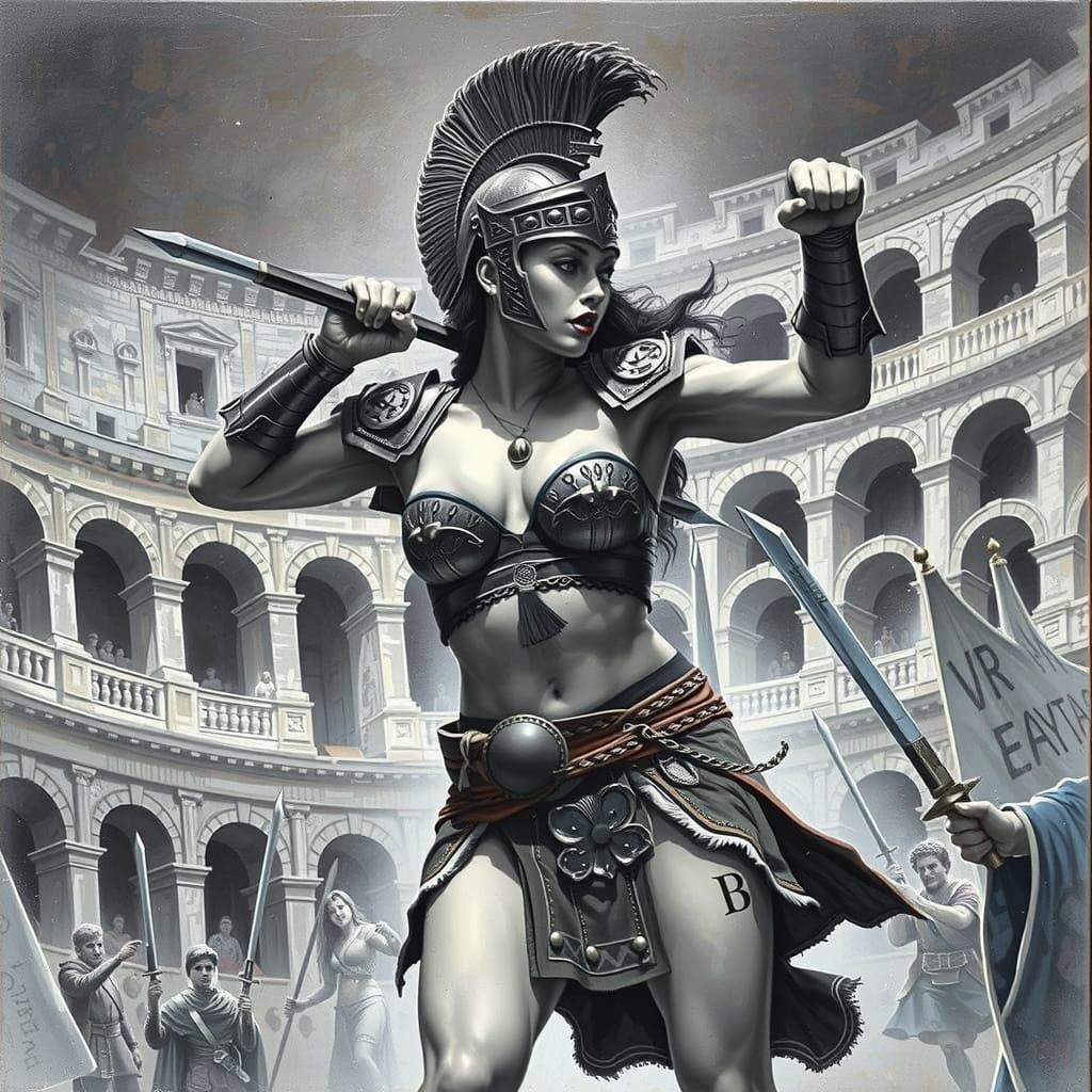 Woman in Bikini Roman Armor Fights in Colosseum