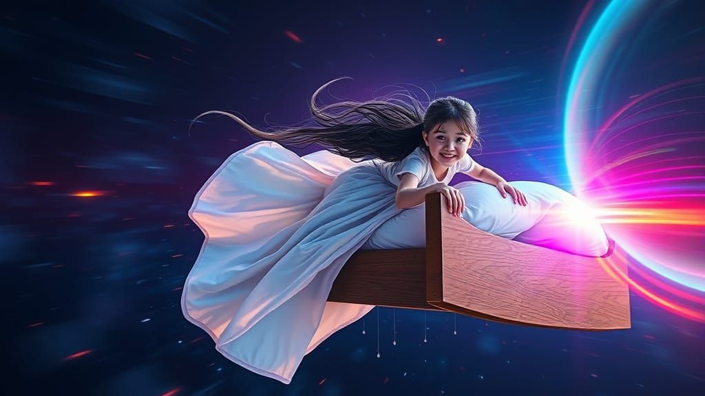 Girl Soaring Through Neon Skies in Hyperrealistic Style