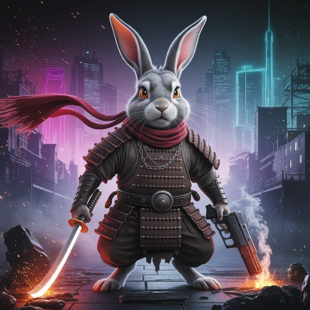 Cyberpunk Warrior Rabbit with Katana and Pistol