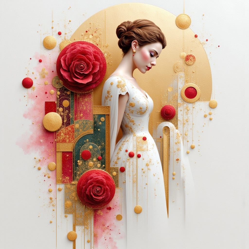 Intricate Belle Holding a Rose, Pen and Ink Masterpiece