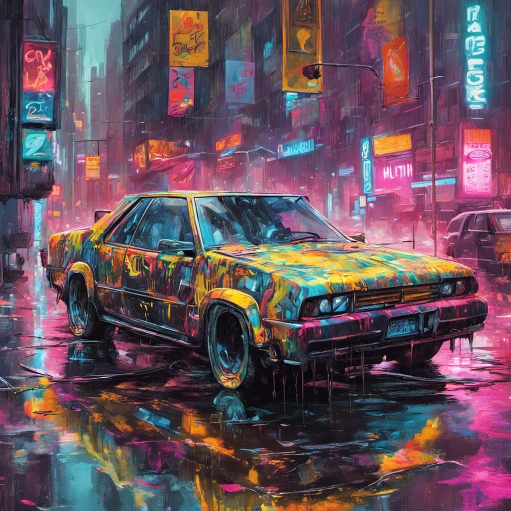 Cyberpunk K-2000 Car in Neon City: Graffiti Art