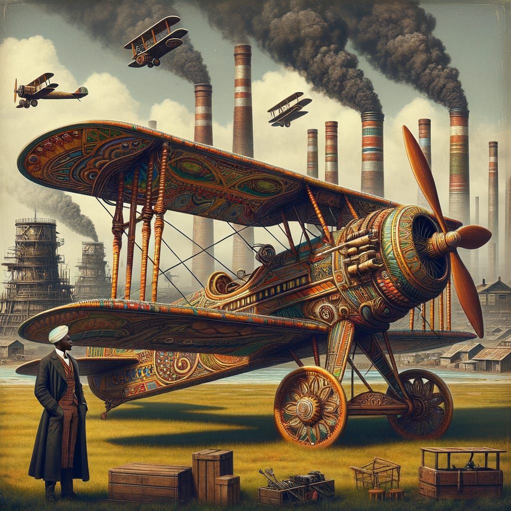 Bantu-Inspired Biplane on Industrial Age Airfield