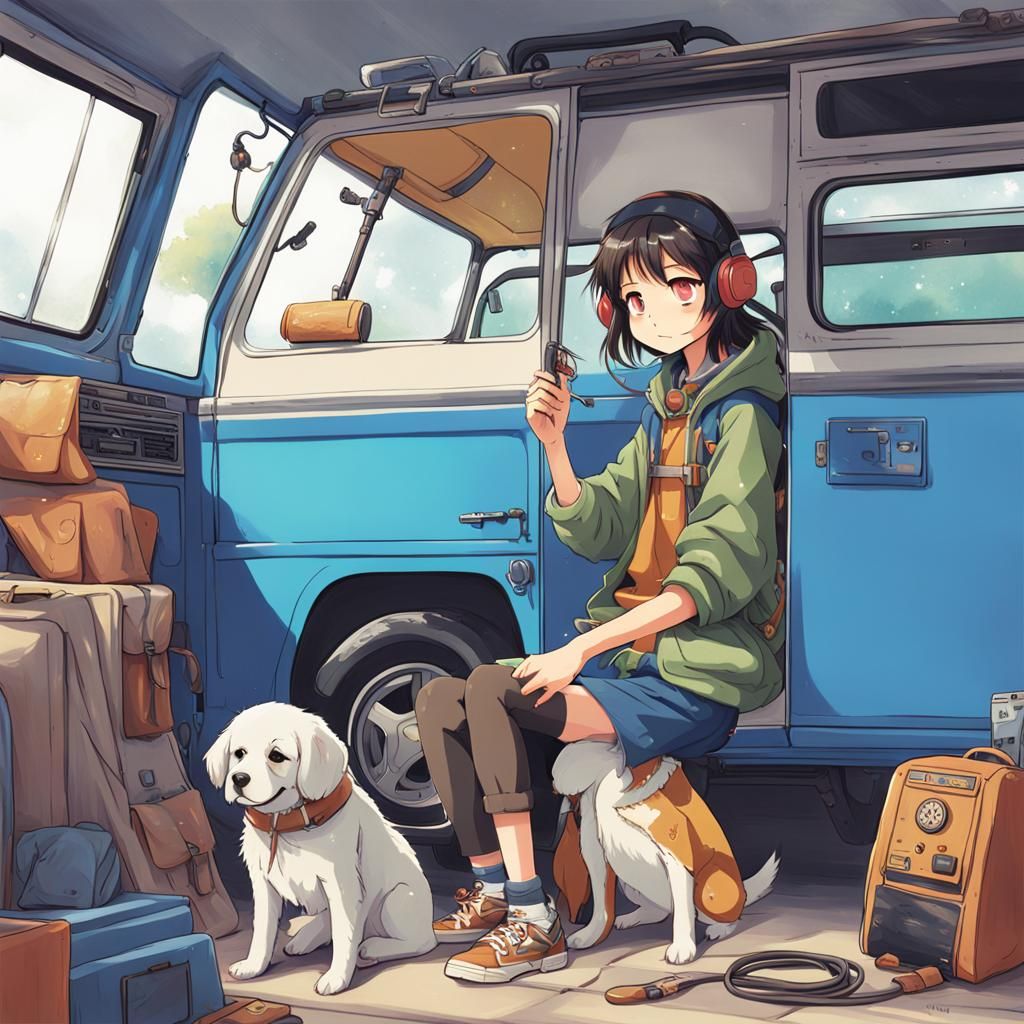 Anime Gamer Girl with Dog in VW Van