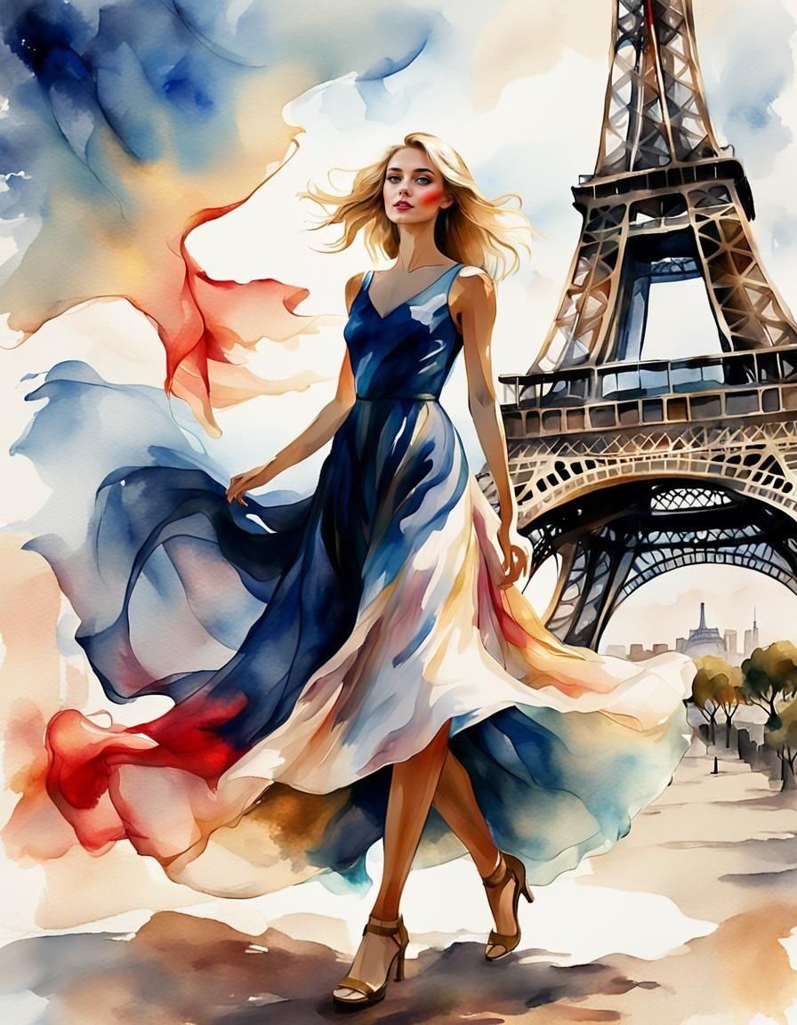 French Blonde Girl Walking in Elegant Flag Colored Gown Amid...