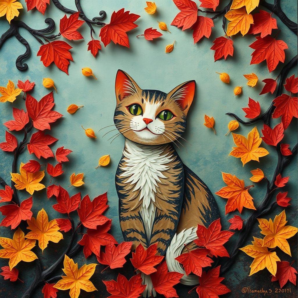 Whimsical Oriental Cat in Fall Foliage Collage