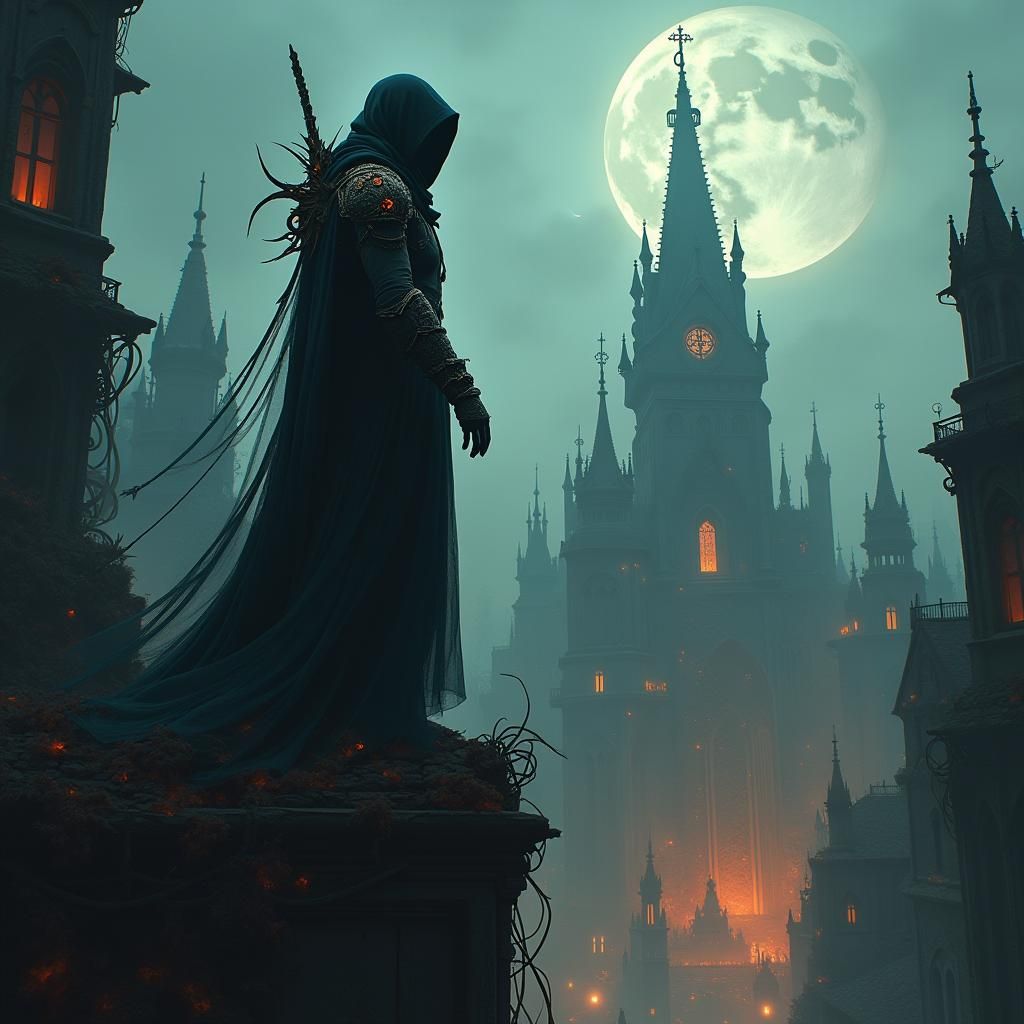 Ethereal Assassin in Bloodborne-Inspired Gothic Cityscape