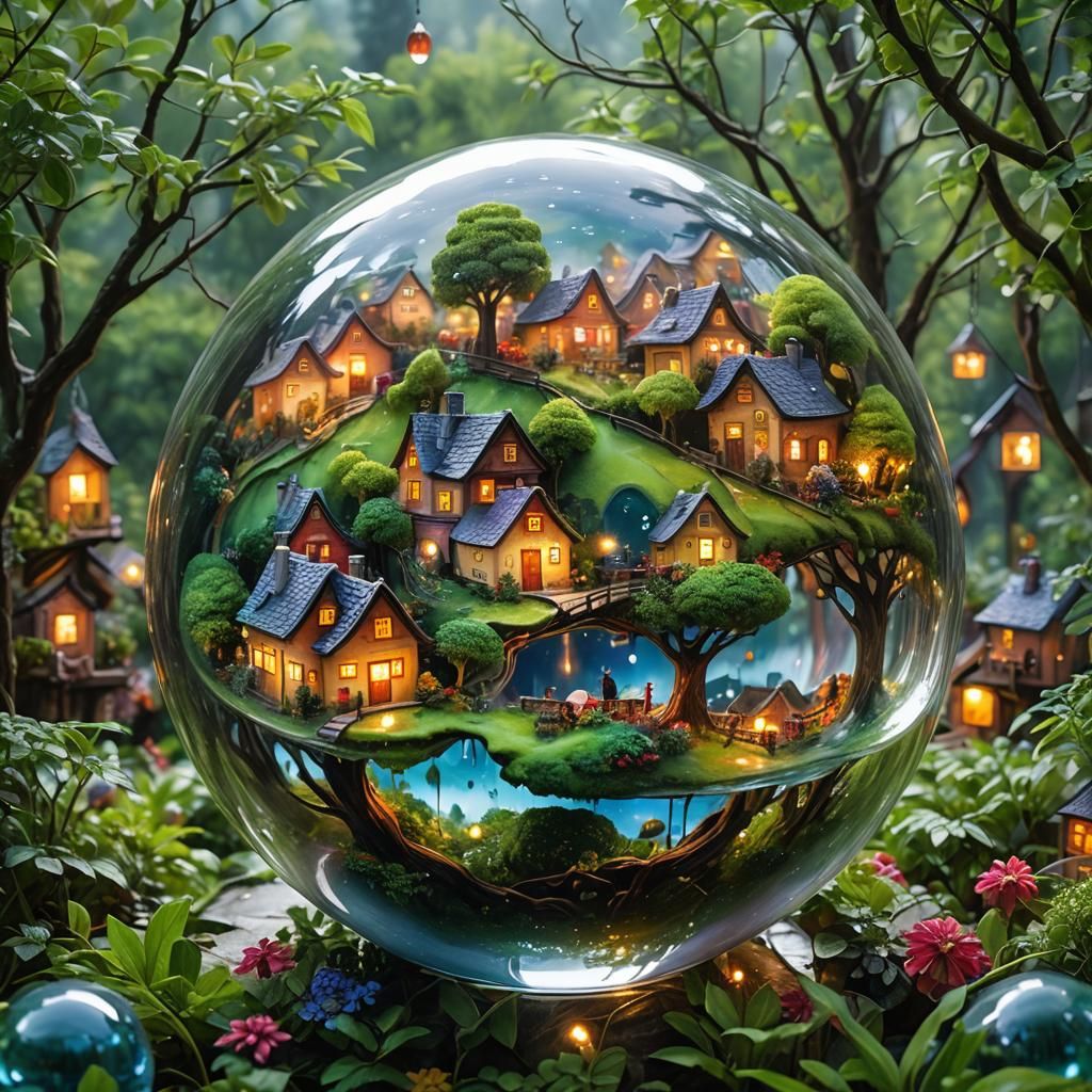 Village in Glass Globe: Macro Oil Painting