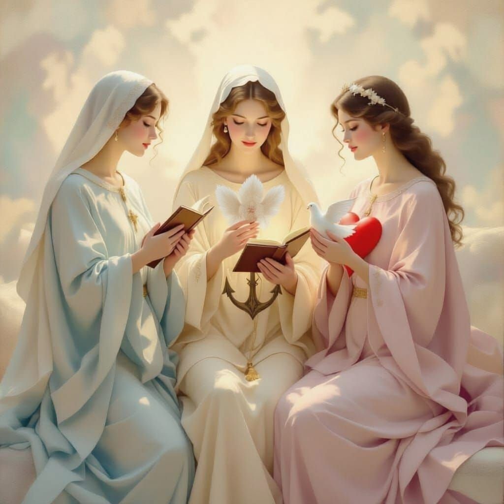 Faith, Hope, and Love: Symbolic Figures in Soft Pastel Tones