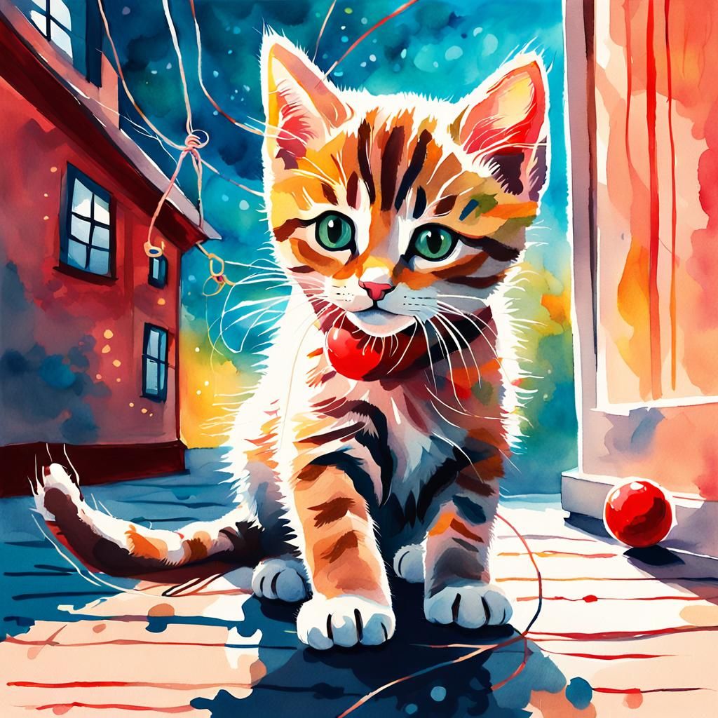 Whimsical Watercolor Kitten Plays with Red String
