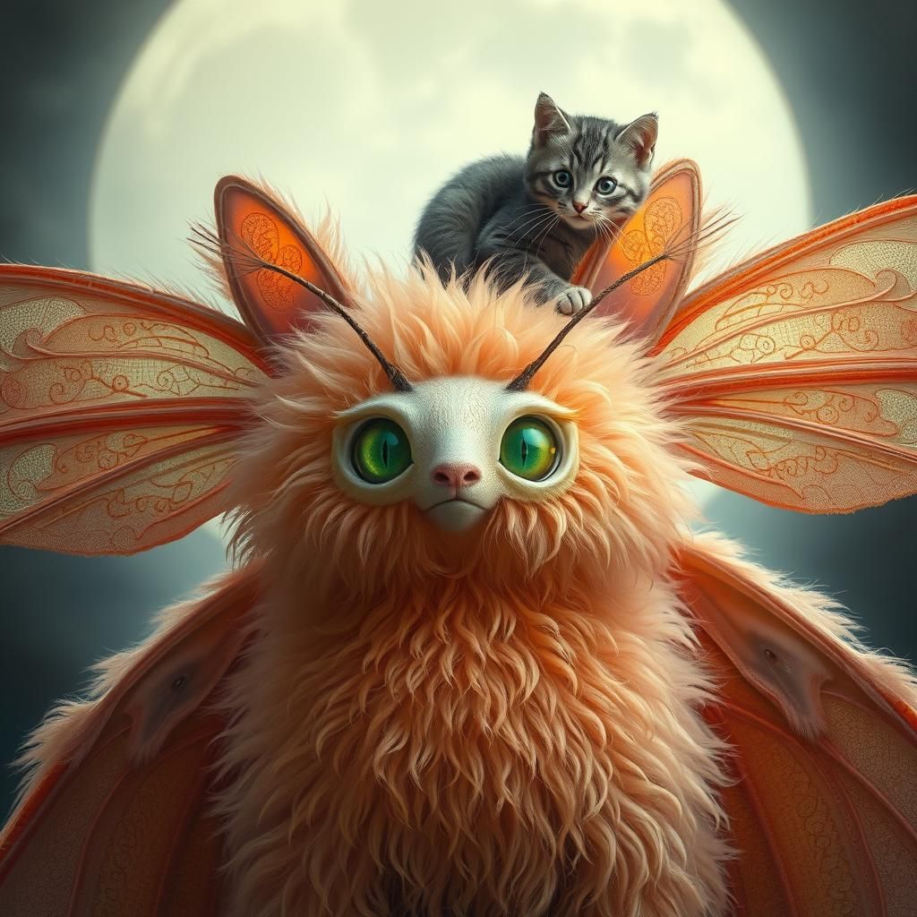 Moth Creature with Cat Passenger in Ethereal Moonlight