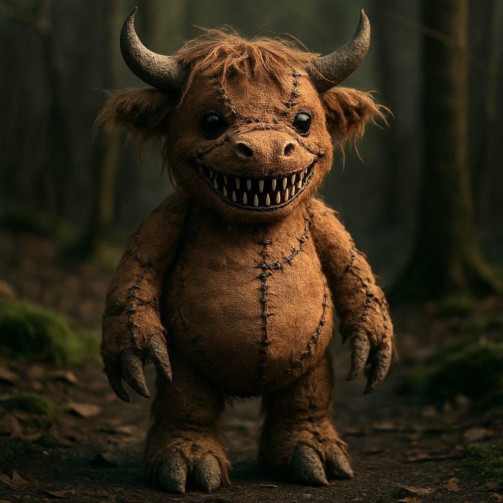 Nightmarish Stuffed Highland Cow in Glen