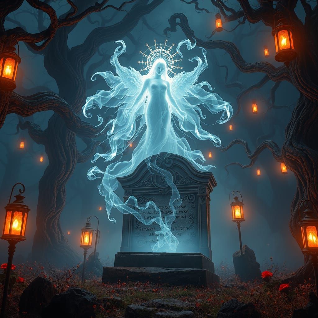 Spectral Entity Hovering Above Ancient, Weathered Tombstone ...