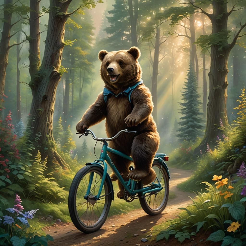 Bear on Bicycle in Misty Woods, Kinkade Style
