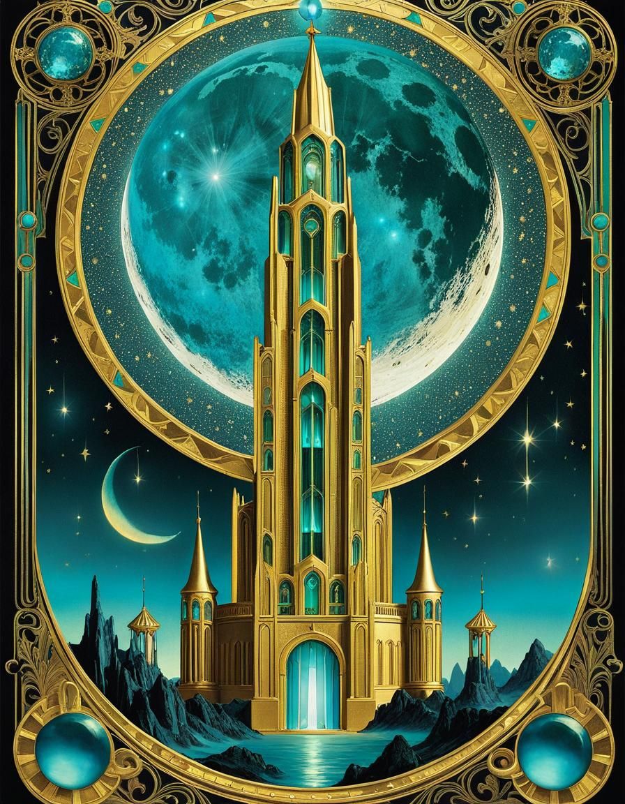 Enchanted Crystal Tower Tarot Card in Art Deco Style