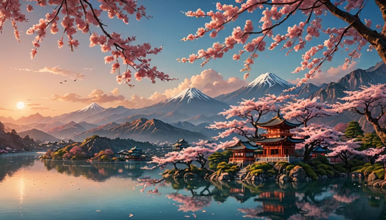Sakura Tree by Lake: Fantasy Matte Painting