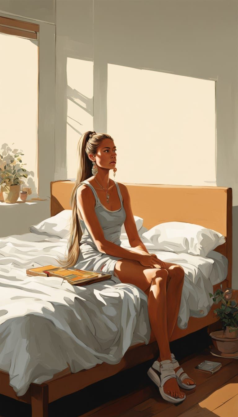 Woman with Ponytail Sitting on Bed in Realistic Painting