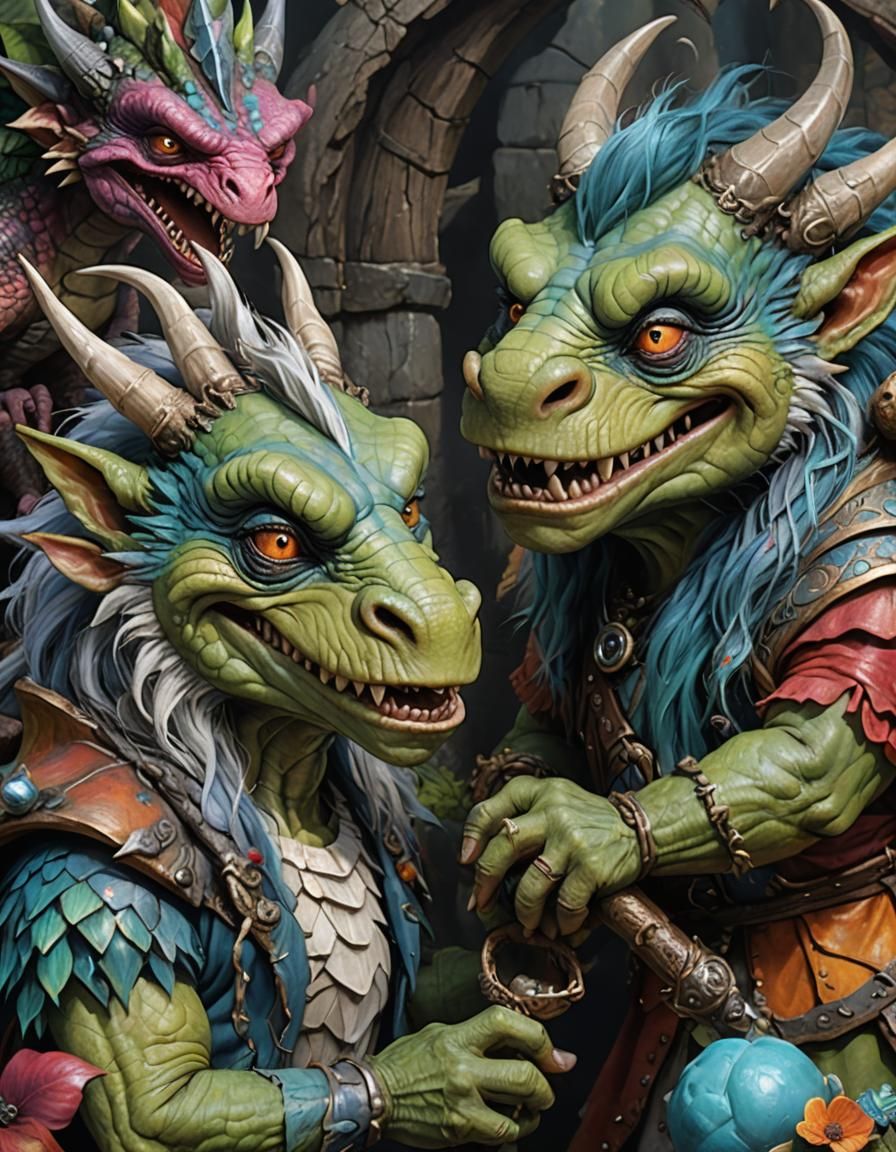 Hyperrealistic Trolls with Dragon in Vibrant Fantasy Art